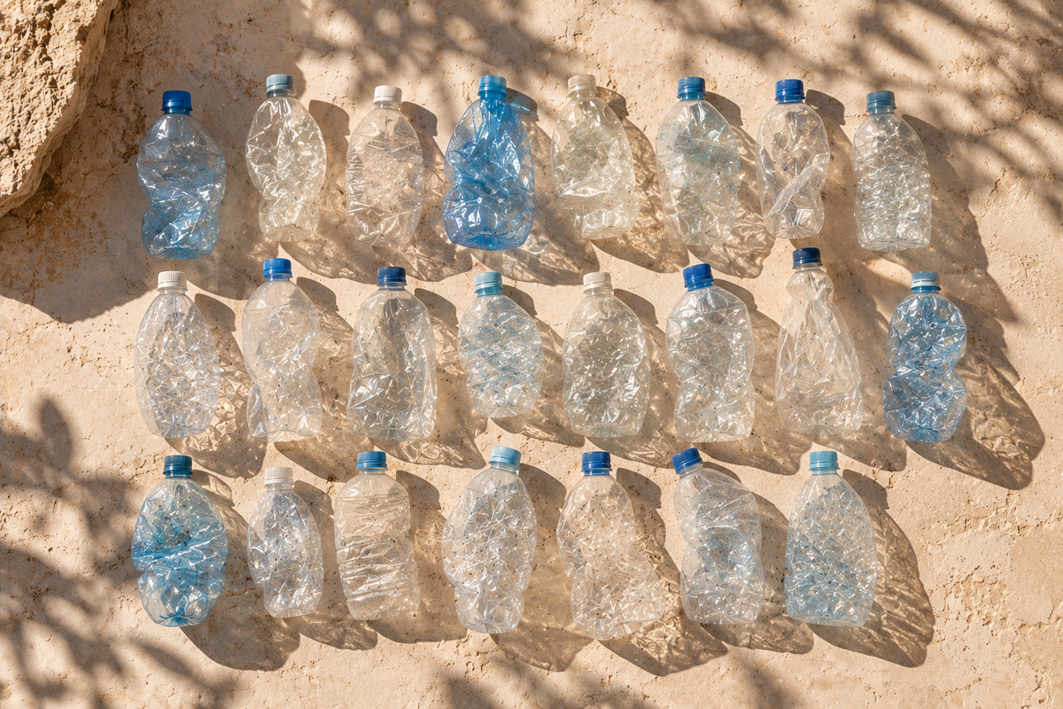 22 recycelte Plastikflaschen in einer Reihe